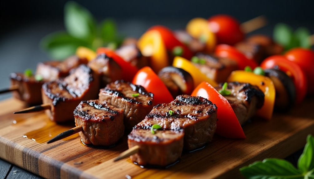 charbroiled meat and vegetable kebabs