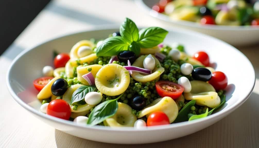 creamy cheesy pesto coated pasta