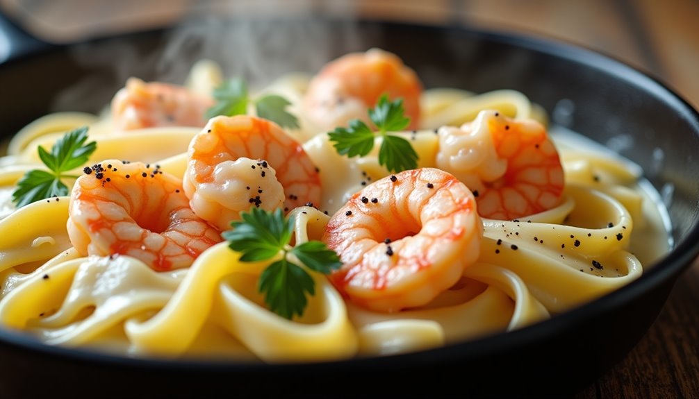 creamy garlicky skillet cooked shrimp pasta