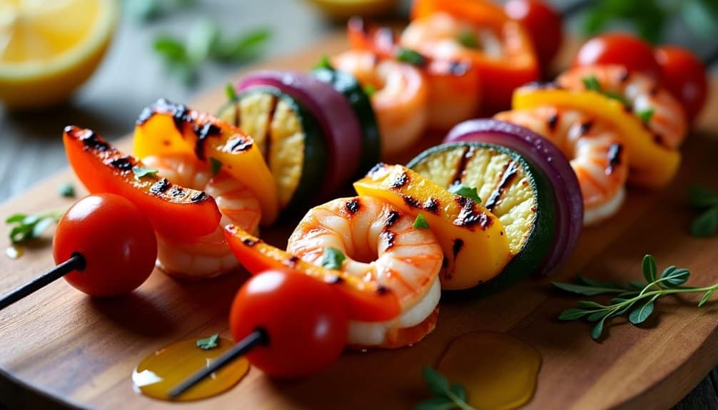 delicious grilled skewered seafood and produce