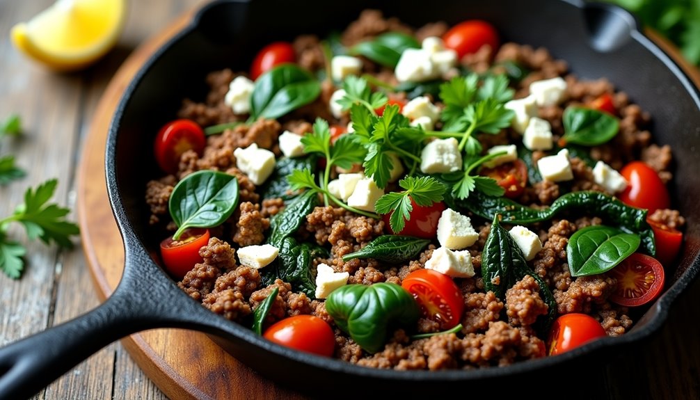 greek inspired beef spinach skillet
