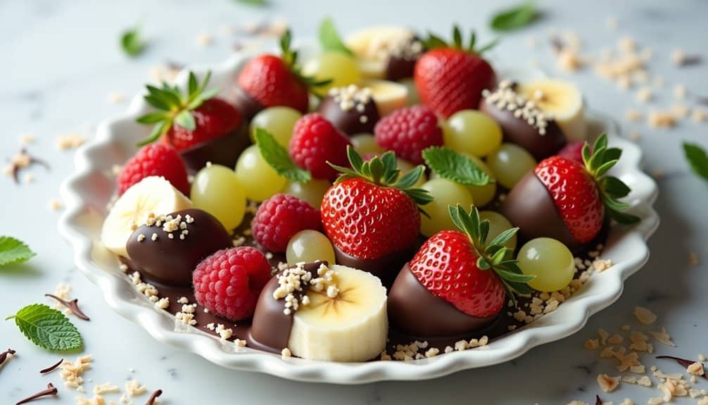 platter of sweet chocolate coated fruits