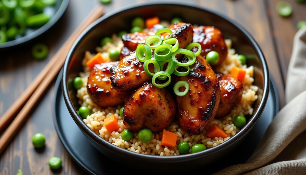 savory stir fried chicken and steamed rice