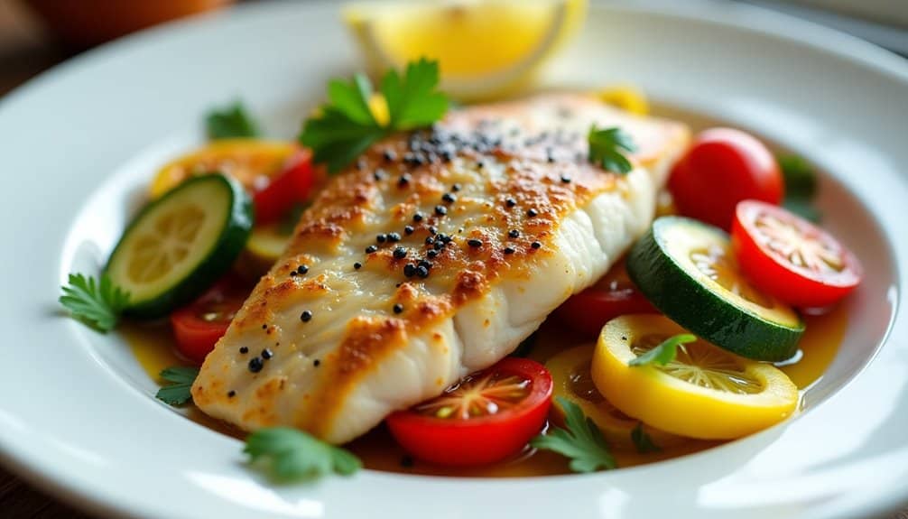 seared fish with seasonal produce