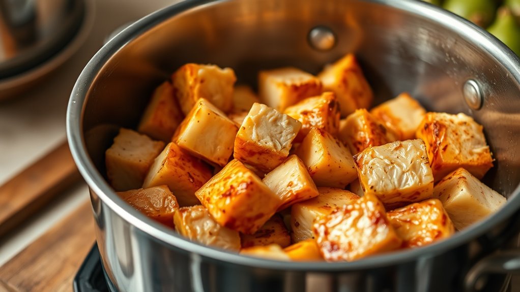 brown cubed chicken thoroughly