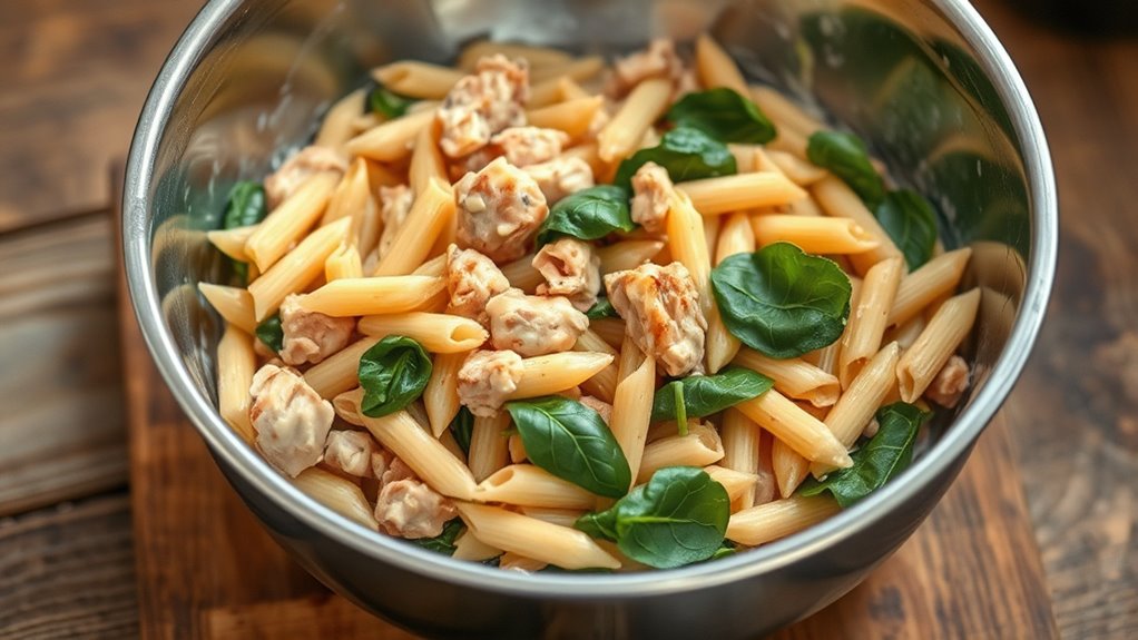combine pasta with chicken