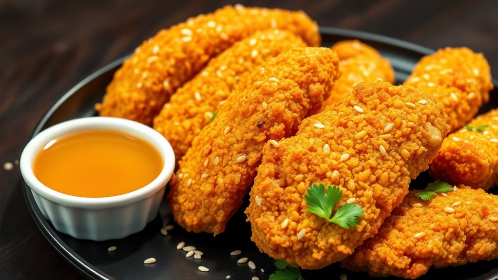 crispy sesame flavored chicken fingers