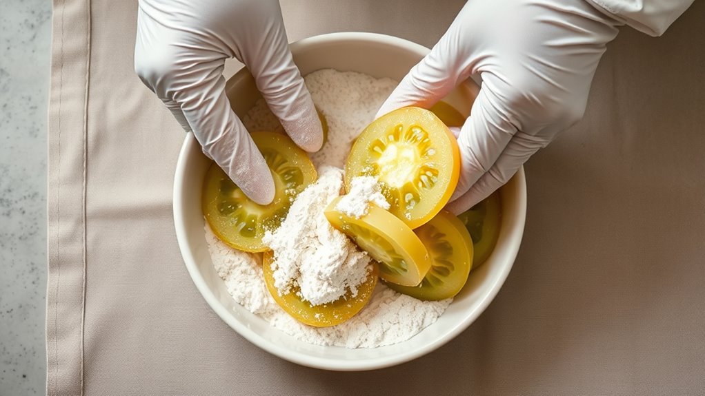 dredge tomatoes with flour