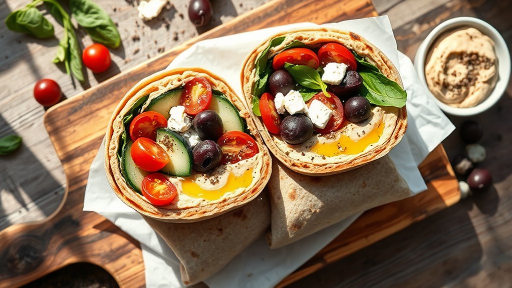 hummus filled mediterranean breakfast wrap