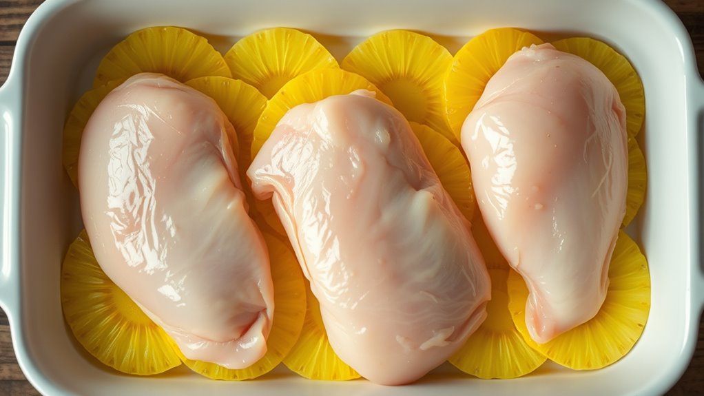lay chicken atop pineapple