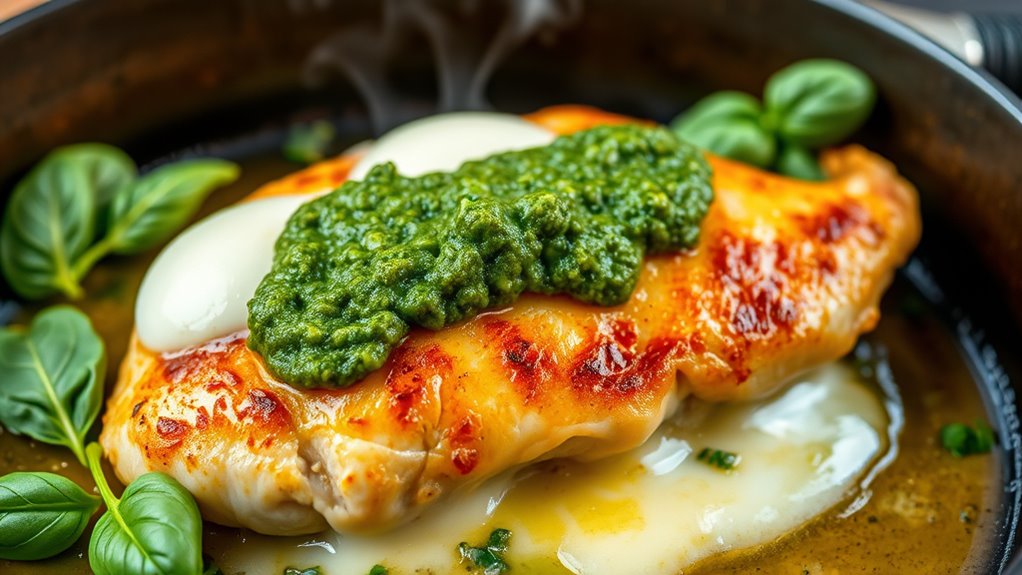 pesto covered mozzarella chicken dish