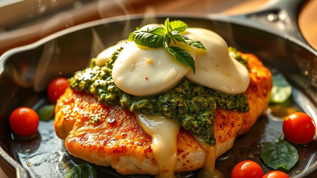 pesto topped mozzarella chicken