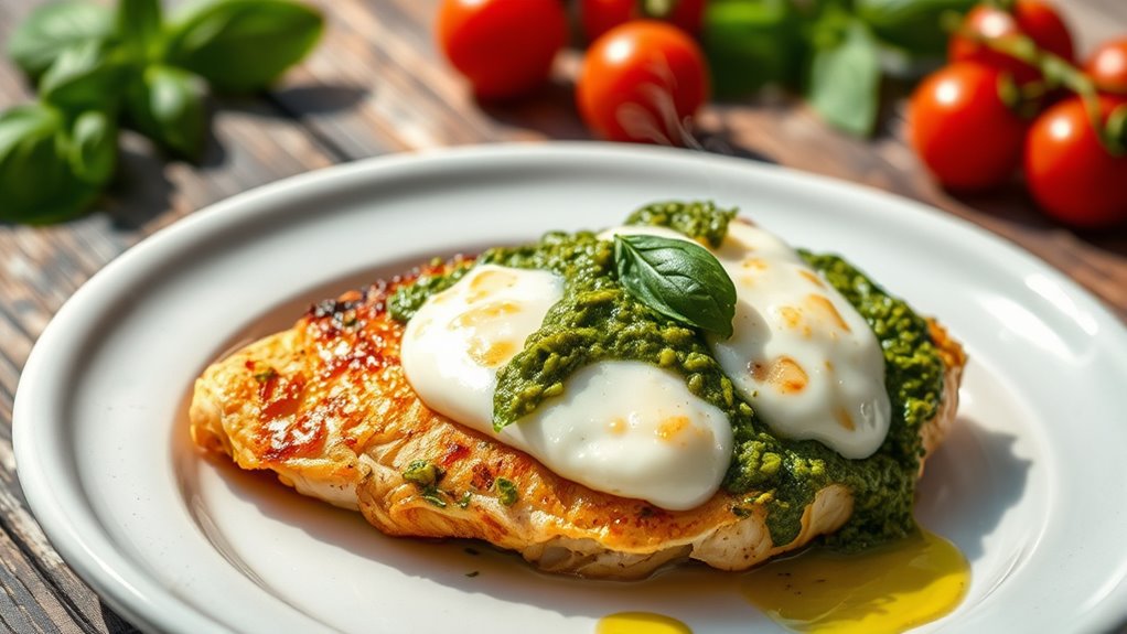 pesto topped mozzarella chicken